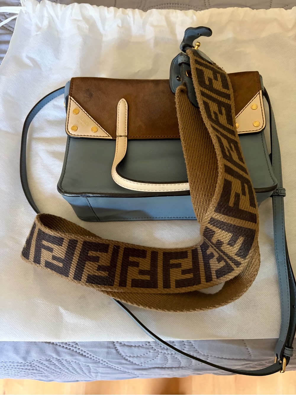 Fendi Blue Calf Leather Flip Crossbody Bag Small